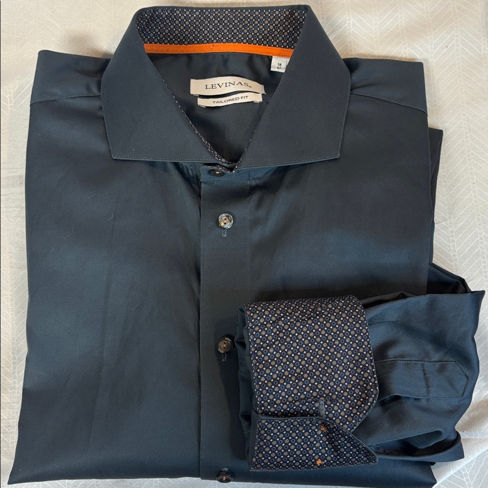 Levinas Tailored Fit Charcoal Dress Button Down Shirt Size 18/37 Big and Tall